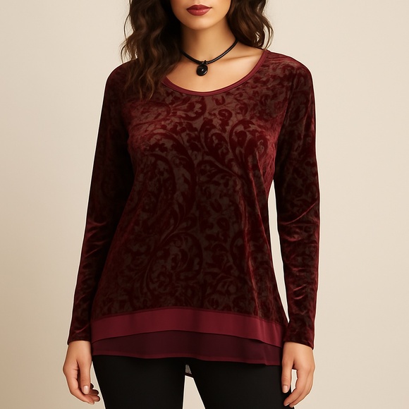 SIMPLY VERA WANG Burgundy Velvet Burnout Mesh Hem Top Whimsigoth Fairy Grunge XL - Picture 2 of 12